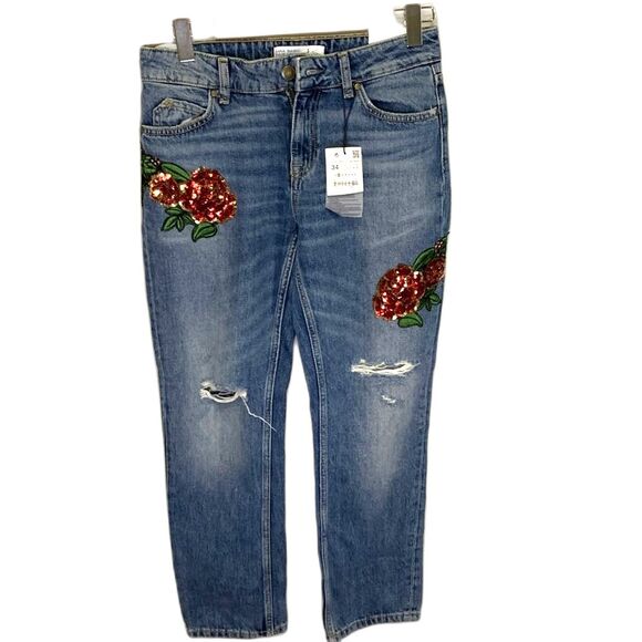 Zara NWT High Rise Floral Embroidered Sequined Distressed Boyfriend Jeans Size 2 - Picture 2 of 16